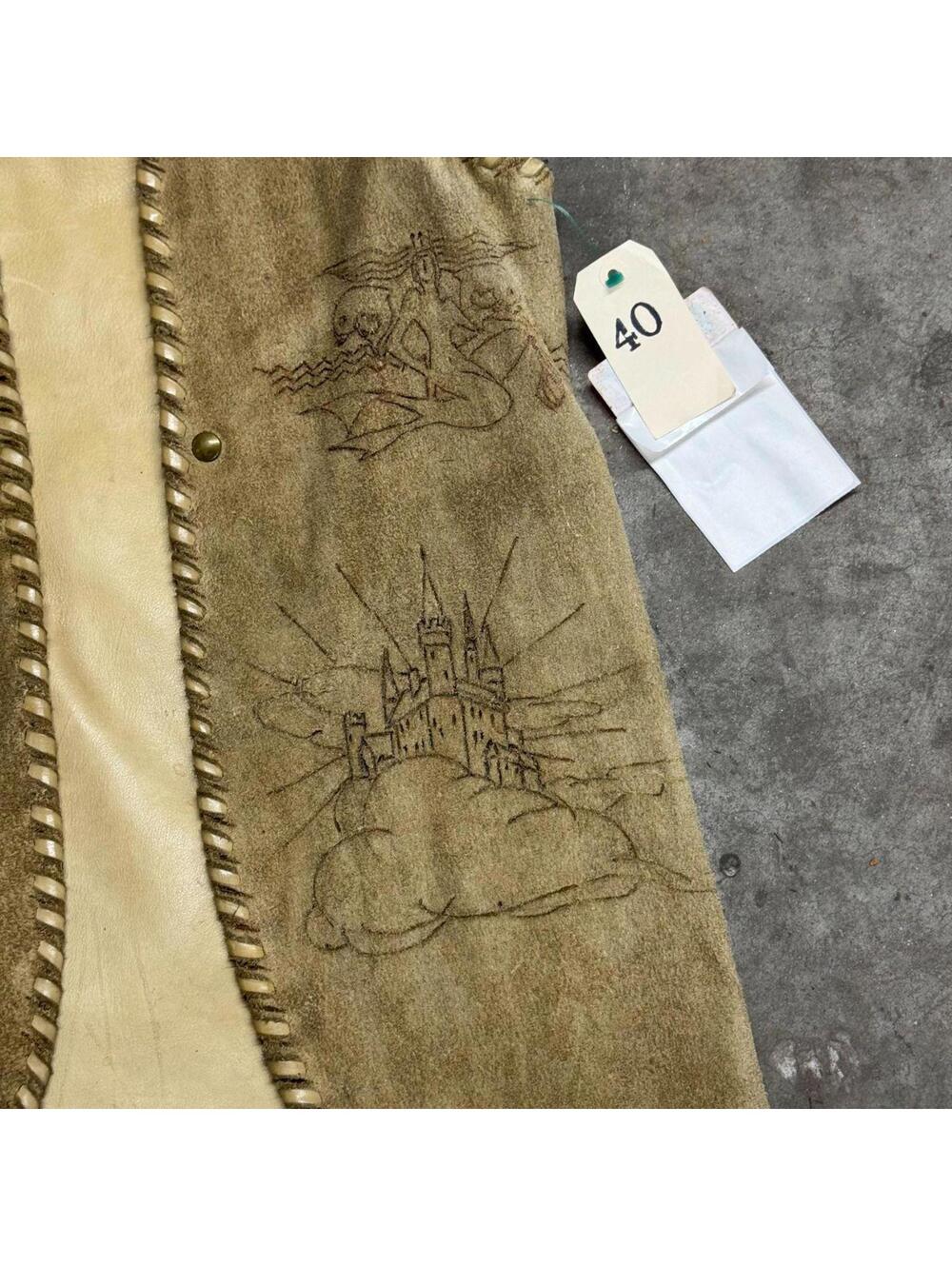 Vintage 60s 70s Suede Buckskin Western Film Costume Vest Stenciled Whipstitch - Picture 3 of 8